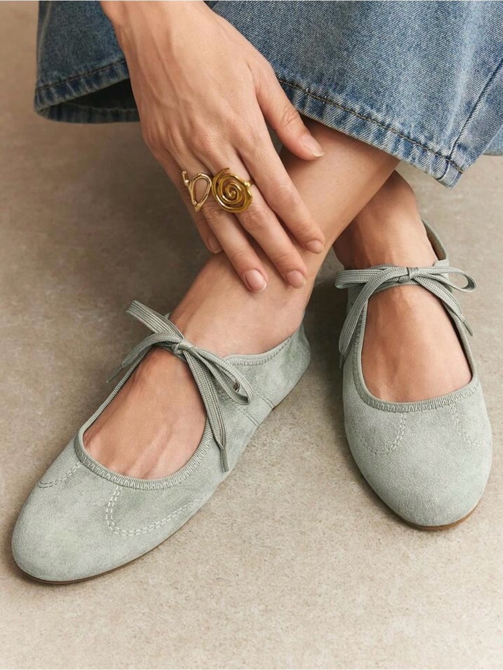 Anthropologie Suede Ballet Flats with Tie in Sage